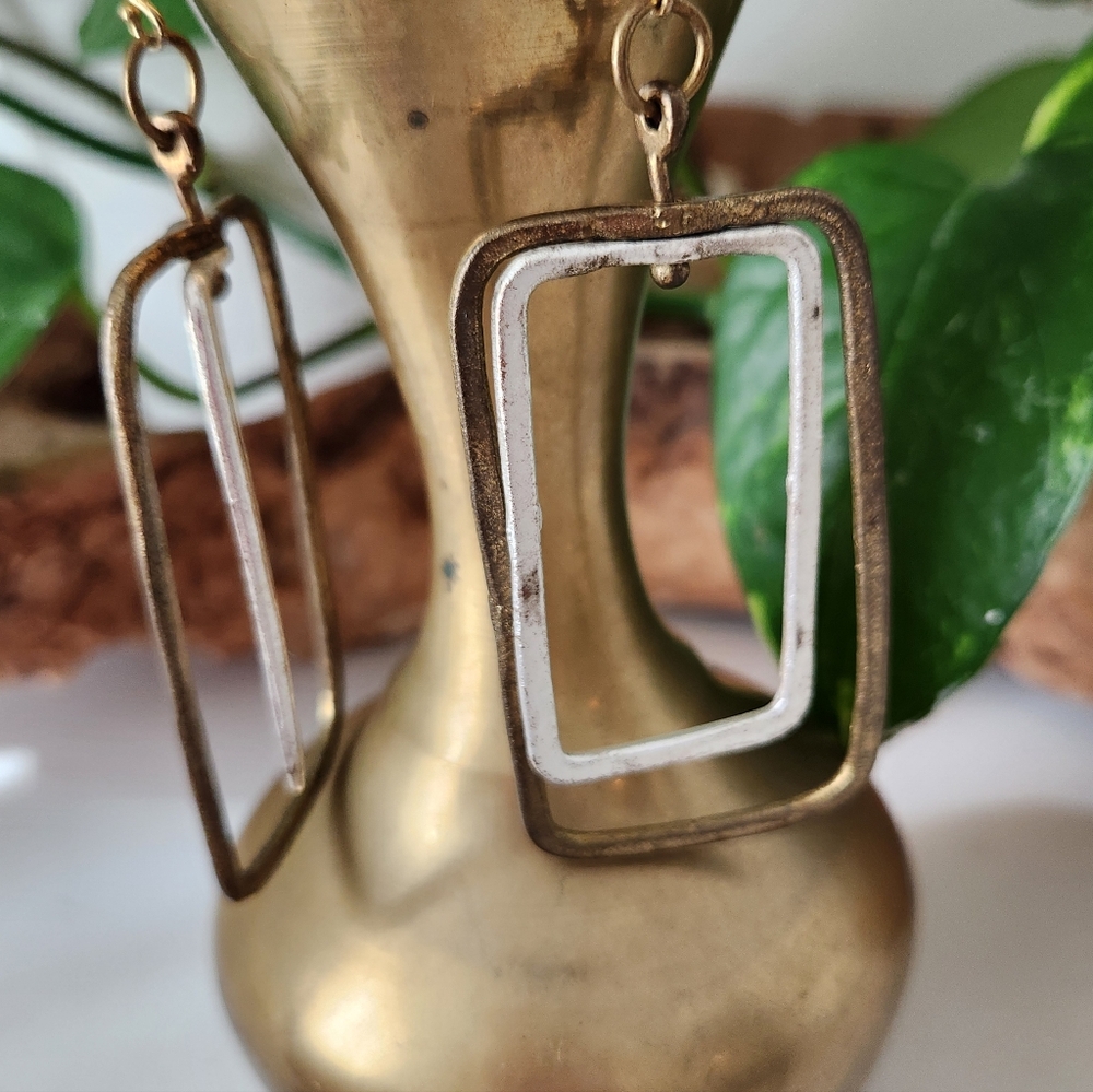 Rustic Gold And Silver Rectangular Earrings - image 2